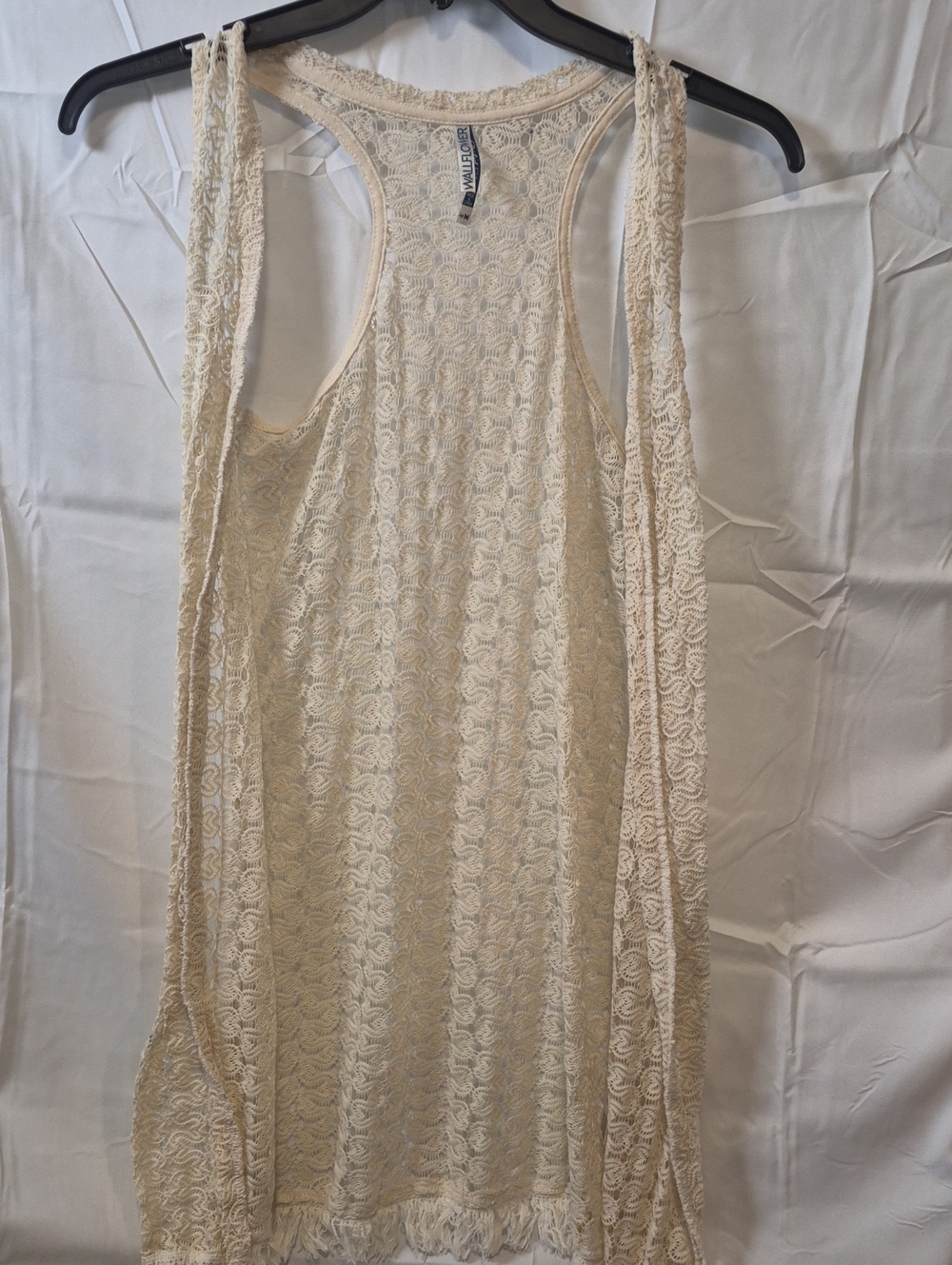 WallFlower Boho Ivory Crochet Lace Racerback Vest Duster with Fringe